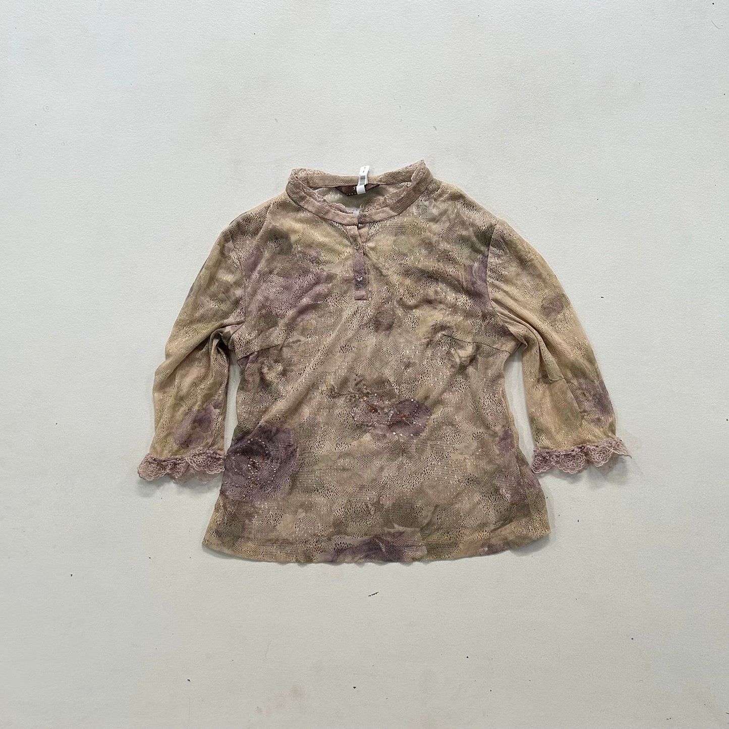 Y2K Mesh Printed Beaded Blouse