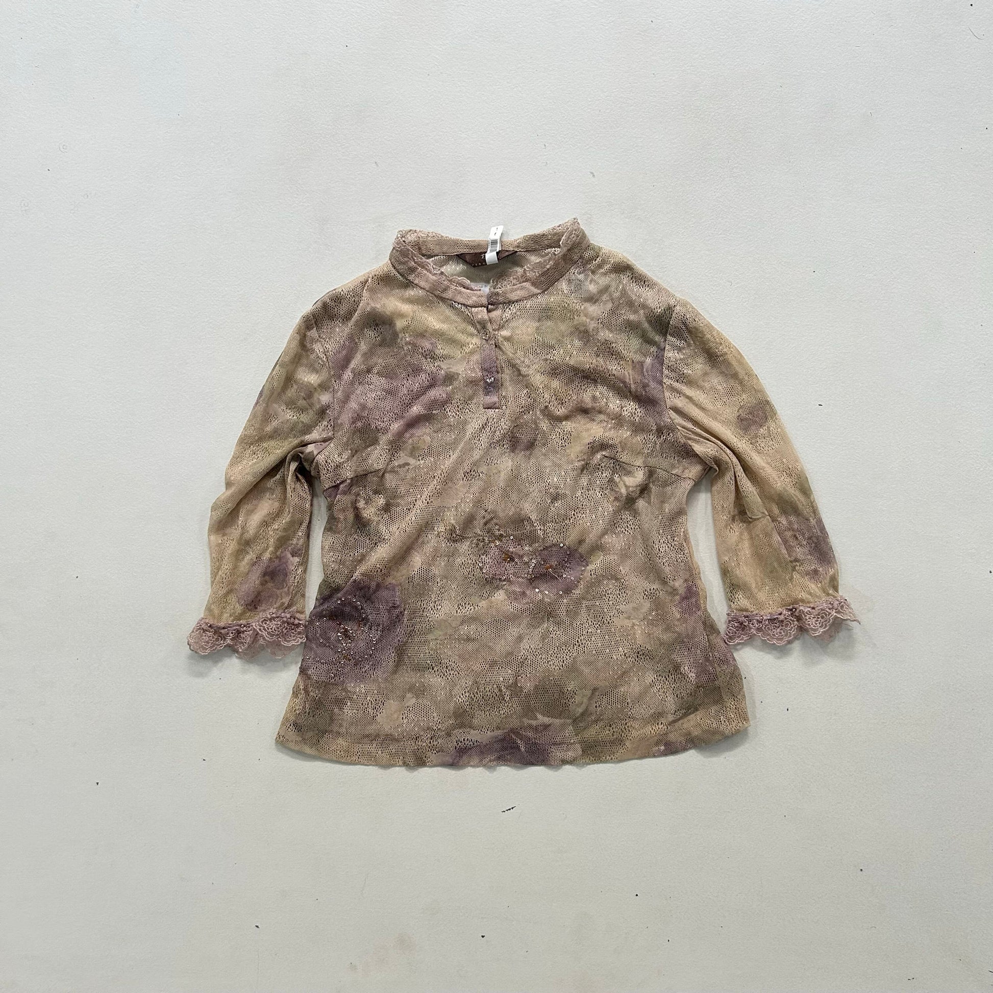 Y2K Mesh Printed Beaded Blouse