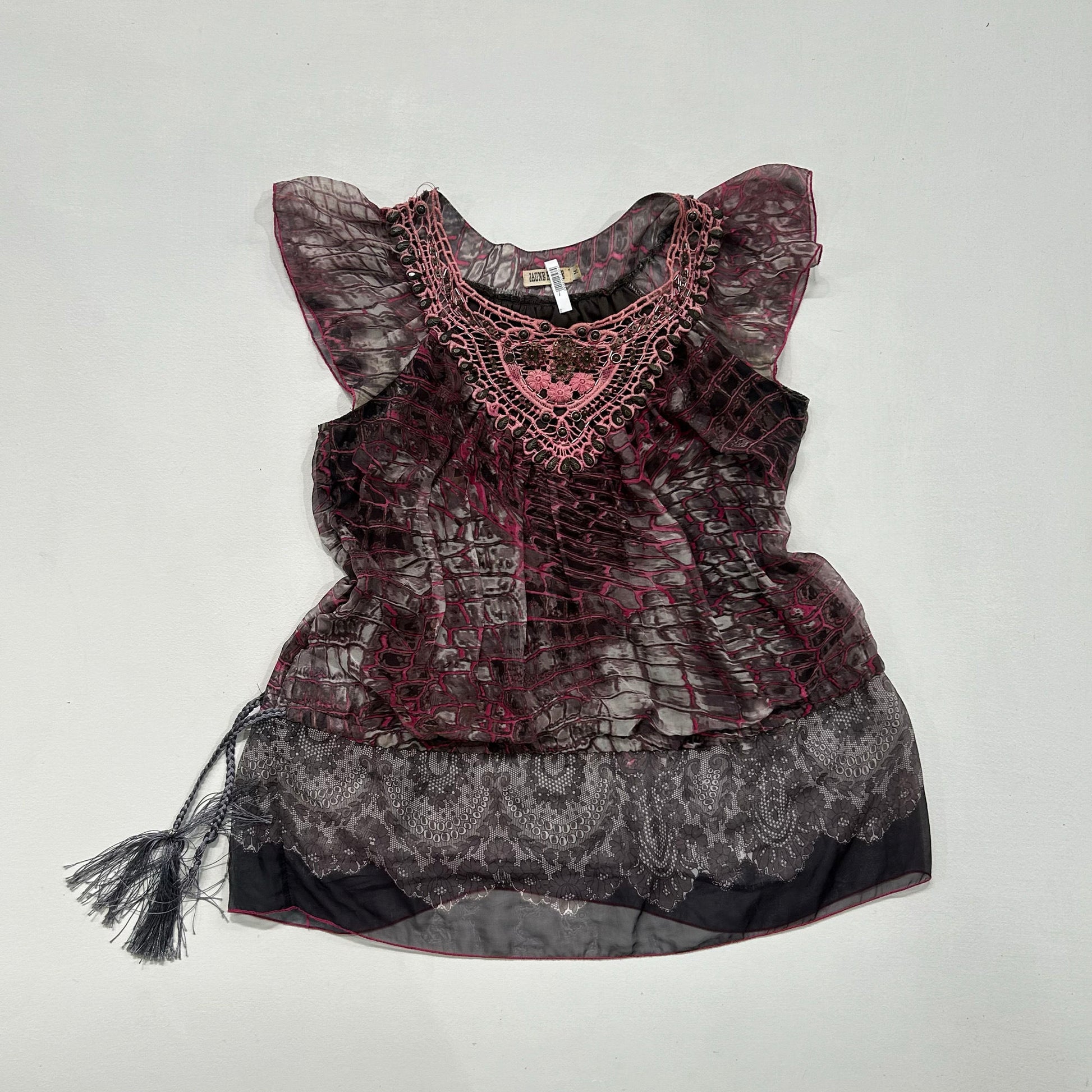 Y2K Beaded Printed Jaune Rouge Blouse